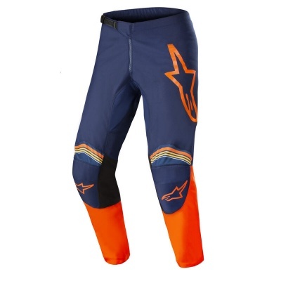 Calças de motocross azul escuro com detalhes em laranja e preto, estrela laranja na coxa