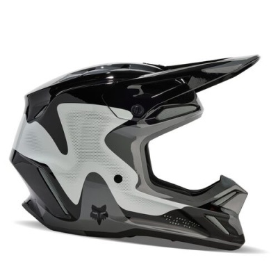 capacete integral motocross preto e cinza com logotipo Fox