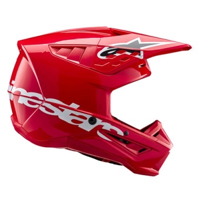 Capacete integral motocross vermelho com texto alpinestars branco