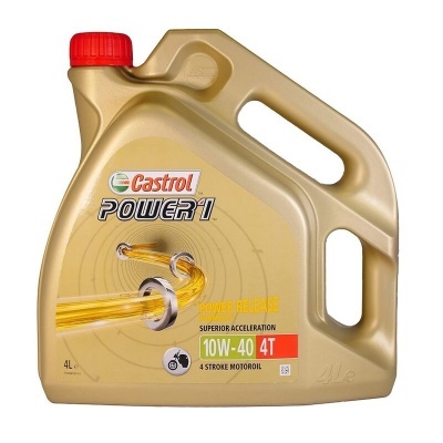 Tambor de óleo Castrol Power 1 dourado com tampa vermelha e etiquetas coloridas