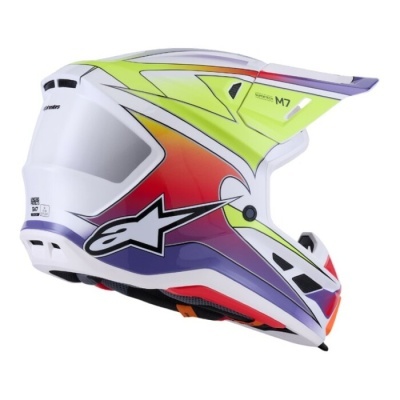 Capacete motocross branco com detalhes coloridos e texto M7