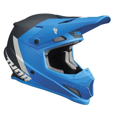 Capacete integral azul e preto para motocross com acolchoamento interno e logo THOR