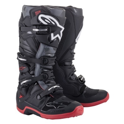 Botas de motocross pretas com detalhes em vermelho e cinzento