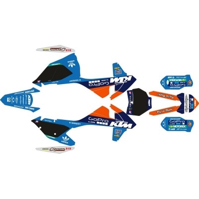 Conjunto de autocolantes para mota KTM com várias cores e logotipos.