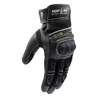 Luvas de mota pretas com reforços acolchoados e etiqueta 1UP 40