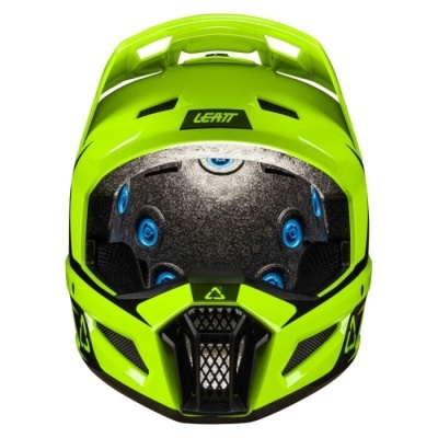 Capacete verde fluorescente com interiores pretos e detalhes azuis