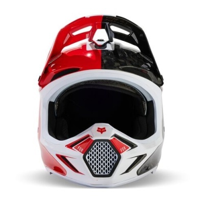 Capacete motocross FOX vermelho, preto e branco com grelha frontal e acolchoamento interno