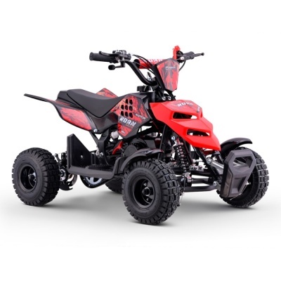 Quad elétrico para crianças vermelho e preto com pneus grossos e guidão com punhos