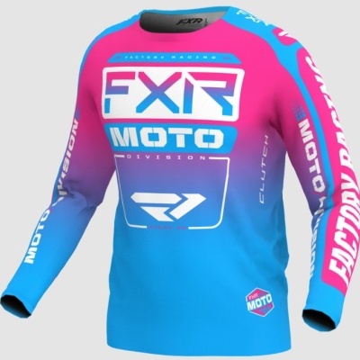 Camisola desportiva FXR MOTOCROSS azul e rosa com texto branco
