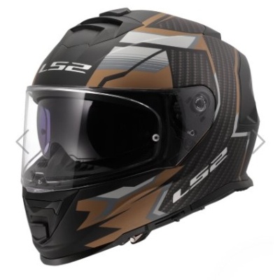 Capacete integral LS2 preto e dourado com viseira transparente