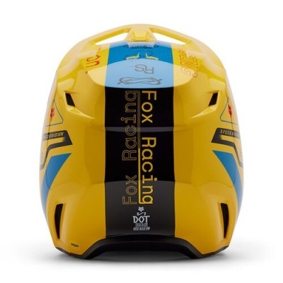 Capacete amarelo Fox Racing visto de trás