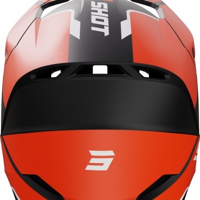 Capacete desportivo vermelho preto com texto SHOT e design aerodinâmico