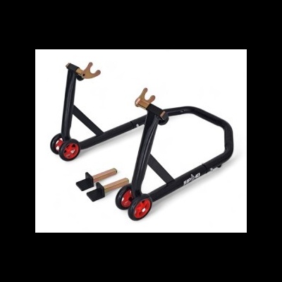 Suporte para mota traseiro em metal preto com rodas vermelhas