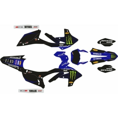 Autocolantes para mota azul, preto e branco com logos Yamaha, Dunlop e Monster