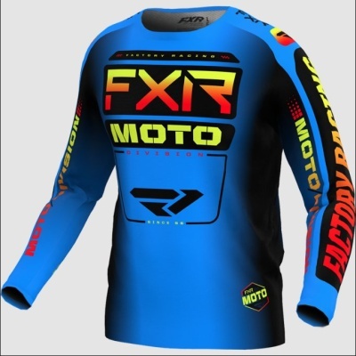 Camisola de motocross azul e preta com texto FXR MOTO e detalhes nas mangas