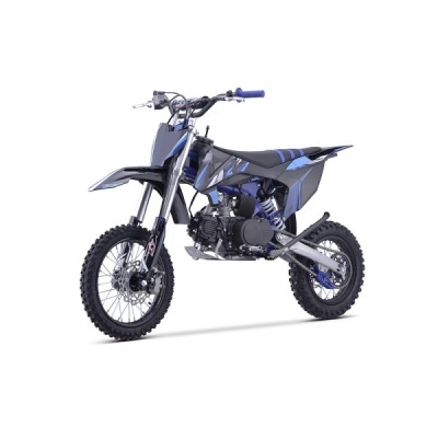 Mota de motocross infantil azul e cinzenta sobre fundo branco