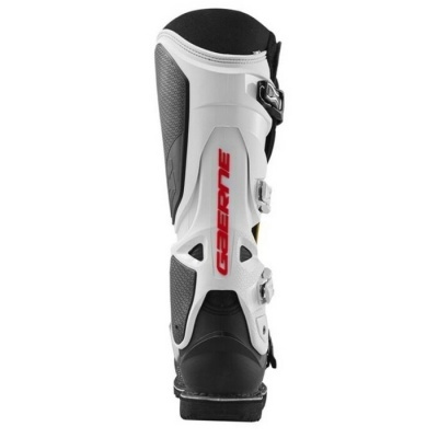 Bota branca para motocross com detalhes pretos e fechos metálicos, com o nome GAERNE em vermelho
