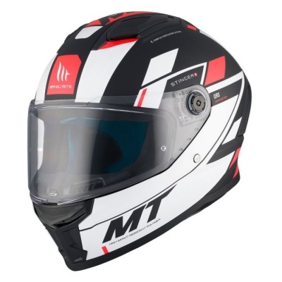 Capacete integral de moto MT Stinger preto, branco e vermelho com viseira transparente