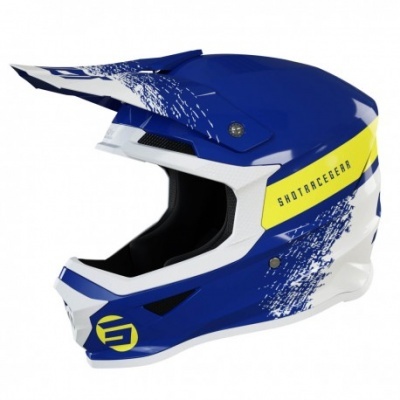 Capacete integral azul, branco e amarelo para motocross com visor e ventilação