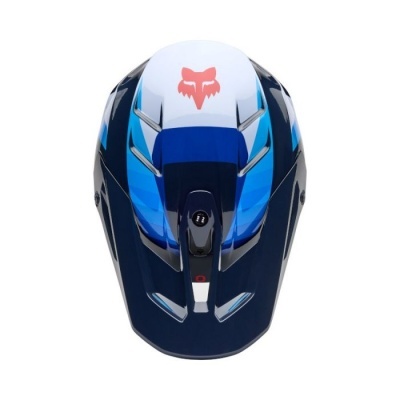 capacete ciclismo motocross azul branco preto com logotipo raposa vermelho