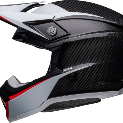 Capacete integral de motocross em carbono preto com detalhes cinza e vermelho