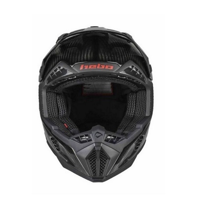 Capacete integral preto com detalhes cinza e vermelho, marca hebro na frente
