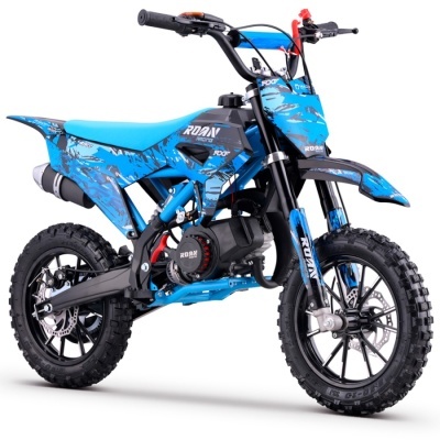 Motociclo todo-o-terreno compacto azul e preto com texto ROAN RACING