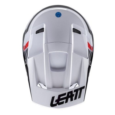 Capacete branco com detalhes preto e vermelho e texto LEATT