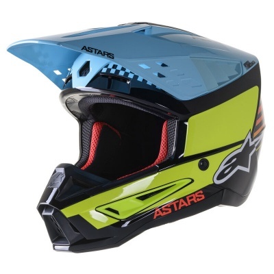 Capacete motocross azul claro, amarelo fluorescente, preto com interior vermelho