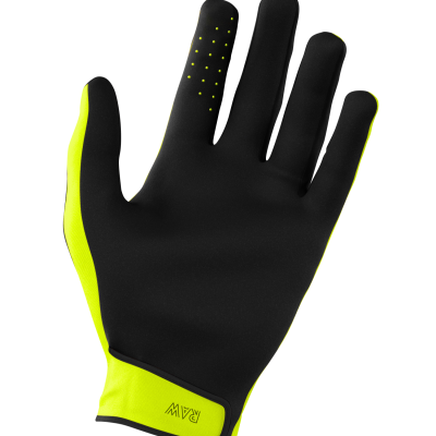 Luva desportiva preta e amarelo fluorescente com pequenos pontos no dedo e logótipo 'RAW' no punho