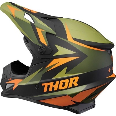Capacete de motocross verde, preto e laranja com texto 'THOR'