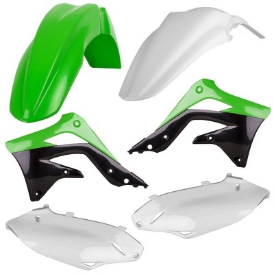 Peças plásticas para motocicleta em verde, branco e preto