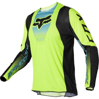 Camisola motocross Fox verde fluorescente com preto e azul, texto FOX e SPEEDHUB nas mangas