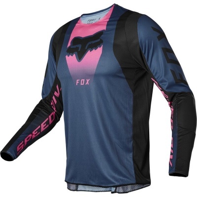 Camisola desportiva azul escuro, preta e rosa com logotipo de raposa e texto FOX e SPEED DIVIL