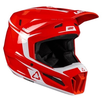 Capacete integral de motocross vermelho com detalhes brancos e pretos