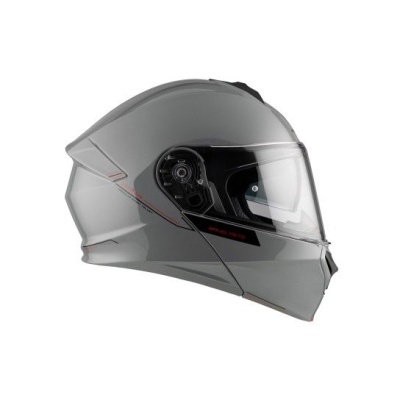 Capacete integral cinzento com viseira transparente e detalhes pretos e vermelhos