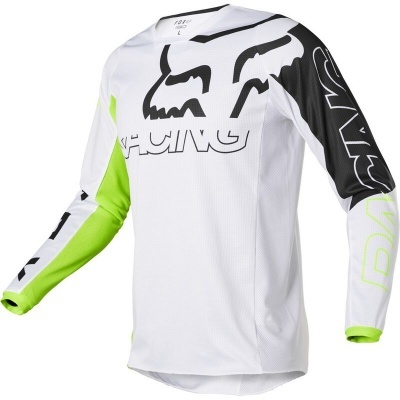 Camisola motocross manga comprida branca com detalhes pretos e verde fluorescente, texto RACING e logotipo de raposa