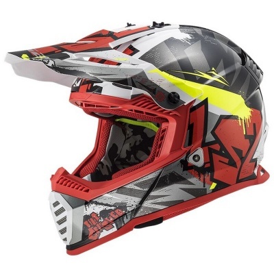 Capacete integral de motocross com viseira destacável em cores branco, vermelho, cinzento e amarelo