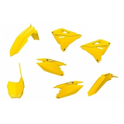 Peças plásticas amarelas para moto, variadas e lisas, em fundo branco