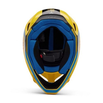Capacete desportivo amarelo com interior azul acolchoado