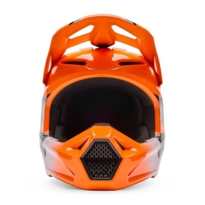 Capacete de motocross laranja com viseira larga e acolchoamento preto