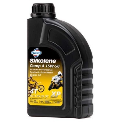 Frasco preto de óleo de motor sintético Fuchs Silkolene Comp 4 15W-50 com etiqueta amarela
