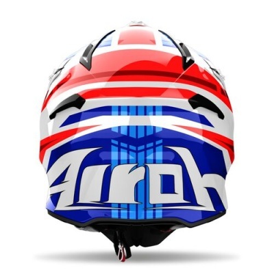 Capacete integral vermelho, branco e azul com o texto 'Airoh'