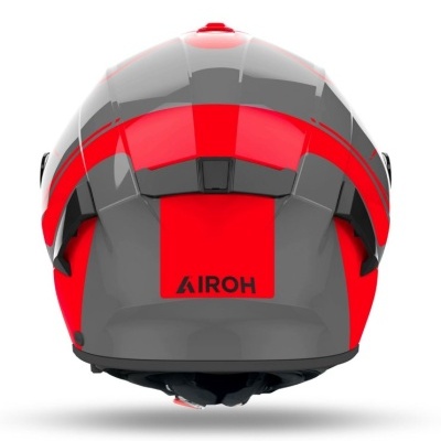 Capacete integral cinza e vermelho com a marca AIROH na traseira