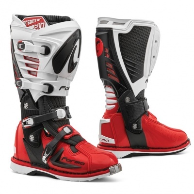 Botas vermelhas, brancas e pretas para motocross com proteção reforçada e fechos ajustáveis