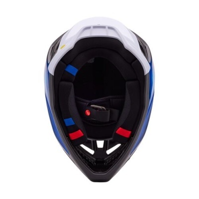 Capacete de motocross branco, azul e preto visto de cima