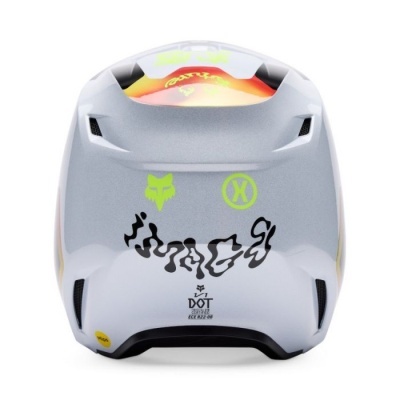 Capacete integral branco com detalhes pretos e amarelos e inscrições DOT e ECE R22.05