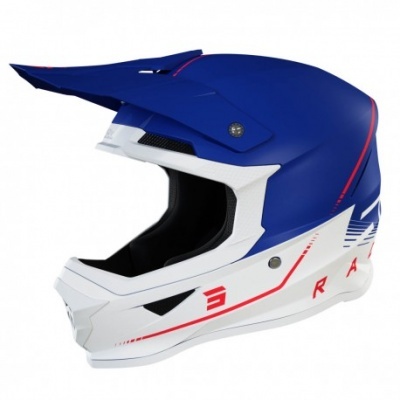 Capacete integral motocross azul, branco e vermelho com viseira ajustável.
