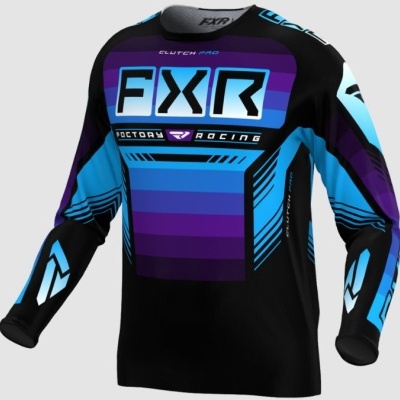 Camisola de motocross azul, roxa e preta com texto FXR e Factory Racing