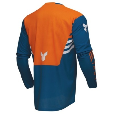 Camisola desportiva de manga comprida azul e laranja com padrões brancos